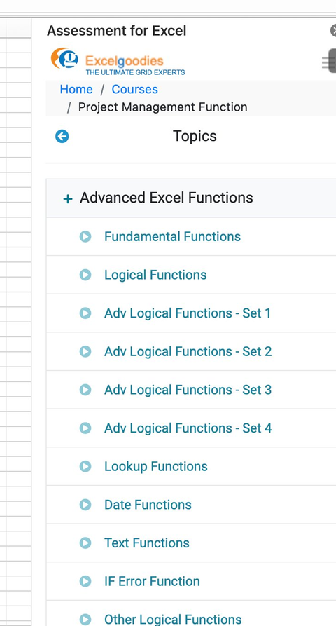 Topic list showing modules: Fundamental, Logical, Adv Logical Sets 1-4, Lookup, Date, Text, IF Error
